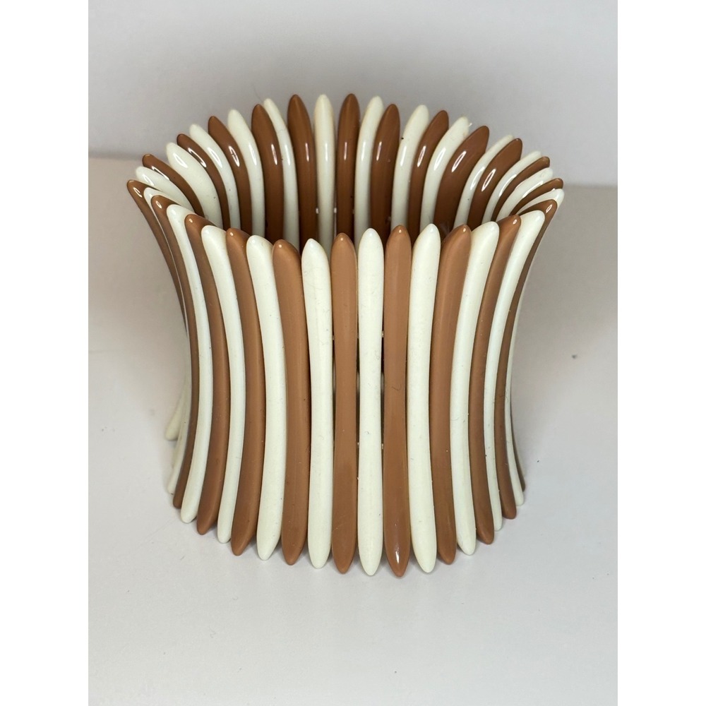 Vintage 1980s Acrylic Stretch Bracelet Tan Cream Wide Slatted Cuff Retro Jewelry